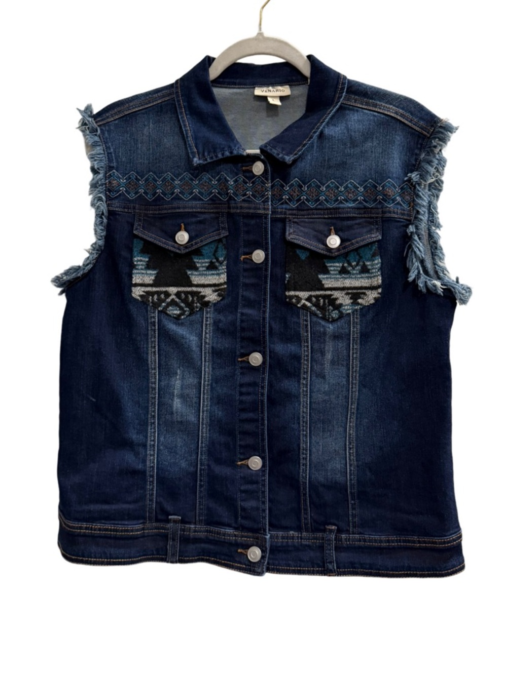 Venario Southwest Aztec Print Denim Vest Frayed Sleeveless Jacket Dark Wash Size - Picture 4 of 7